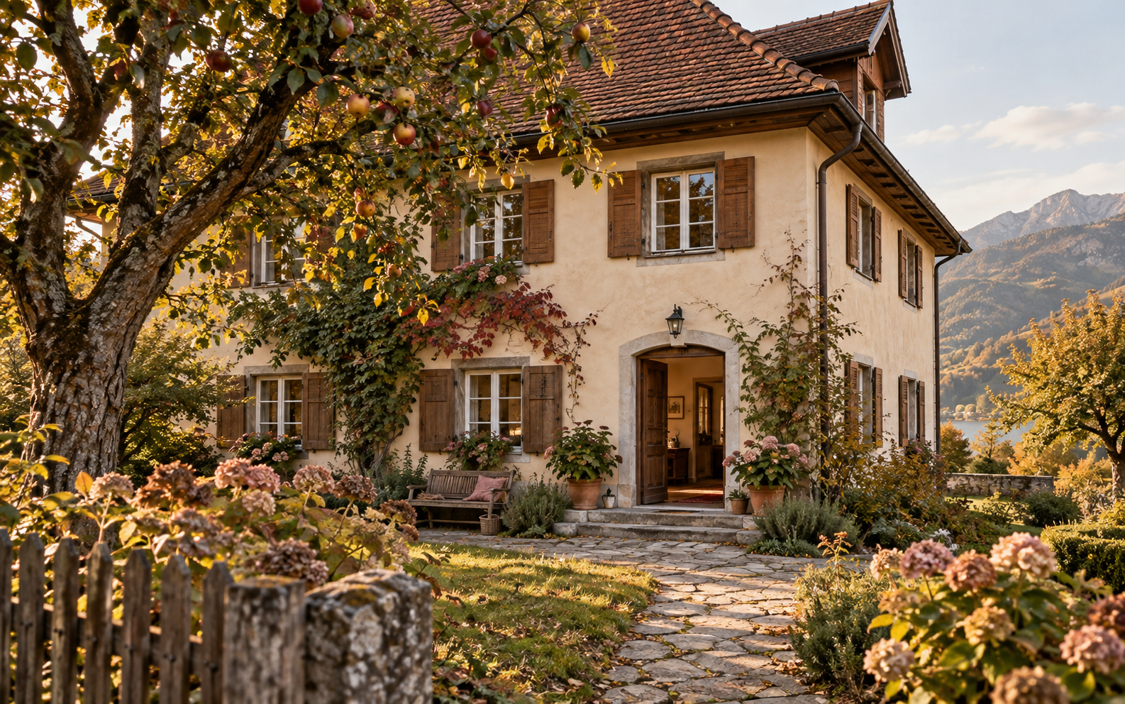 Gewachsenes österreichisches Haus mit Obstgarten und offener Haustür